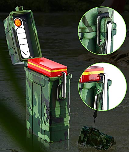 Skywin Waterproof Cigarette Case with Lighter, Airtight Dry Box with Rechargeable Lighter, Green Camo