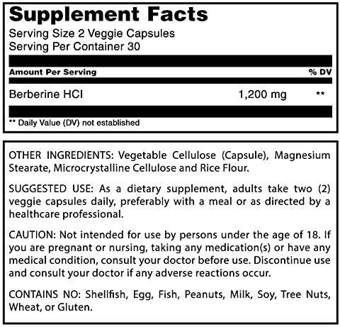 Amazing Formulas Berberine 1200 mg Per Serving Veggie Capsules, Non-GMO, Gluten Free, 60 Count