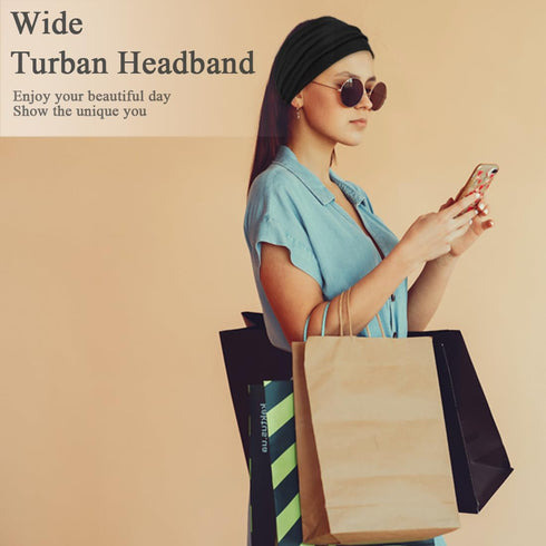 Wide Stretch Headbands for Women, Boho Hair Bands, Turban Workout Hairband, Black 6 Pack