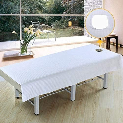 Massage Table Cover, Massage Sheets Beauty Massage Bed Sheets with Hole Soft Cotton Stripe Salon Spa Linens (White, 120 * 190)