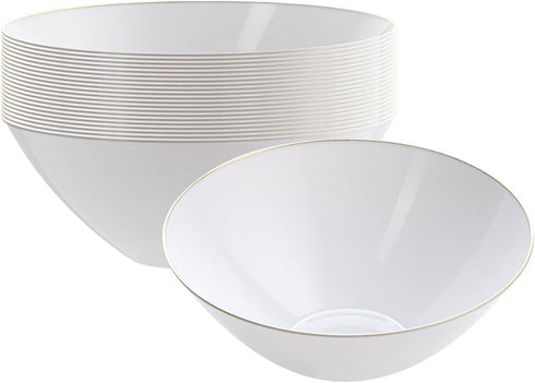 Restaurantware Moderna 6 Ounce Plastic Bowls, 20 Durable Disposable Salad Bowls, Gold-Rimmed Heavy-Duty White