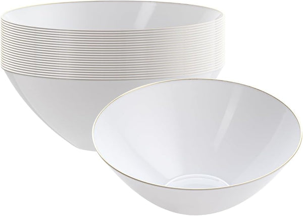 Restaurantware Moderna 6 Ounce Plastic Bowls, 20 Durable Disposable Salad Bowls, Gold-Rimmed Heavy-Duty White