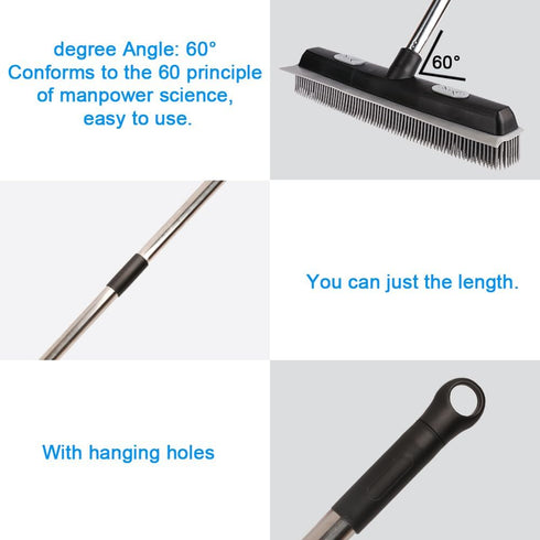 Pet Hair Rubber Broom with Carpet Rake and Squeegee, 2 in 1 Floor Brush, 58 Inch Adjustable Handle, Black