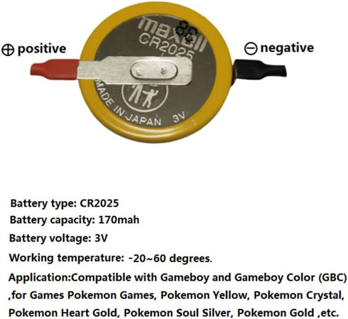 Tabbed CR2025 3V Lithium Battery with Solder Tabs for Nintendo Gameboy and Gameboy Color Replacement