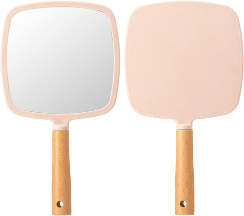 YEAKE Hand Held Mirror with Handle, Small Cute Wood Mirror for Shaving, Portable Travel Vanity (Square, Pink, 1Pack)