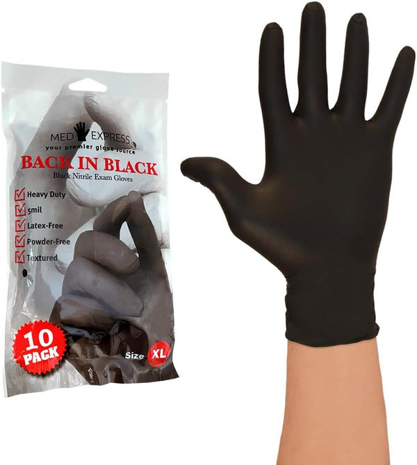 Med Express Nitrile Exam Gloves Black, 5 Mil Thick, Latex-Free, Powder Free, Heavy Duty Black Nitrile Gloves XL 10 Pack