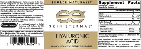 Source Naturals Skin Eternal Hyaluronic Acid, 50mg, 30 Tablets