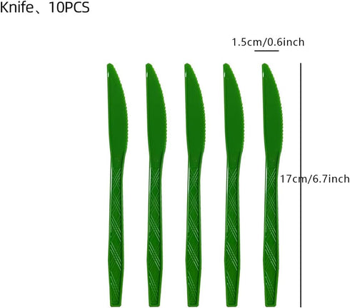MiJefuYaJe 10 Sets, Set Green Plastic Silverware Pieces Green Disposable Silverware Heavy Duty, Utensil Knives & Spoons