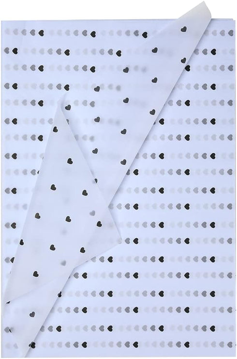 Black and White Tissue Paper - Heart Pattern Flowers Wrapping Paper Sheets for Anniversary Bouquet Packaging DIY Crafts