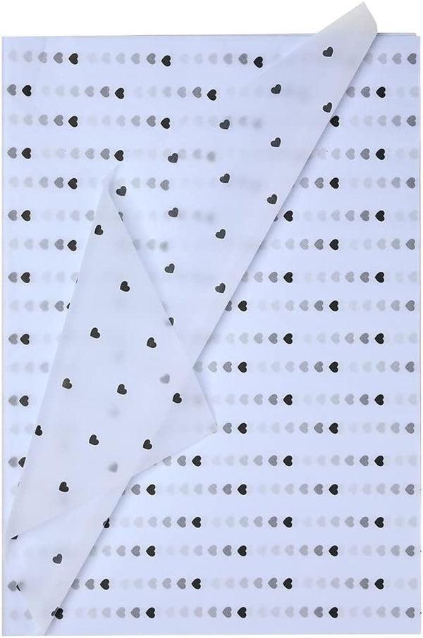 Black and White Tissue Paper - Heart Pattern Flowers Wrapping Paper Sheets for Anniversary Bouquet Packaging DIY Crafts