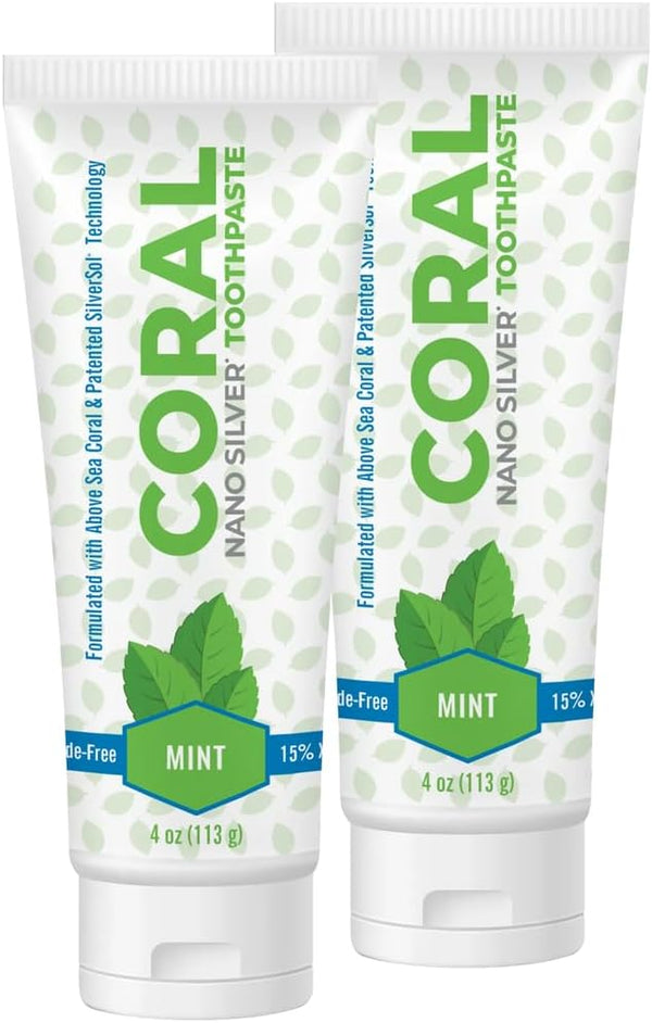Coral White Nano Silver Mint Toothpaste (2 Pack) - Natural Fluoride Free Teeth Whitening, Coral Calcium Nano Silver