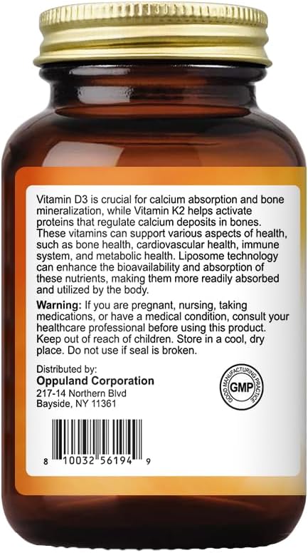Vitamin D3 + K2 with LIPOSOMAL Technology, 5000iu of Vitamin D3 & 100mcg of Vitamin K2, 90 Softgels