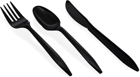 Party Favors Plus Set, 25 Packets Individually Wrapped Plastic Cutlery Black, with Fork, Spoon, Knife and Napkin