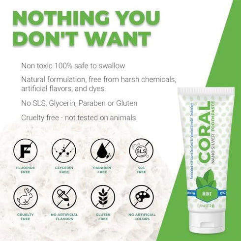 Coral White Nano Silver Mint Toothpaste (2 Pack) - Natural Fluoride Free Teeth Whitening, Coral Calcium Nano Silver