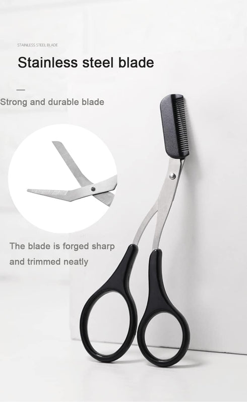 Professional Precision Eyebrow Trimmer Scissors with Comb, Black Silver Tone, Grooming for Men Women.