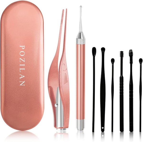 POZILAN Ear Picker Tweezers with LED Light - 8 Pack Ear Wax Removal Tool Cleaner Kit for Adults and Kids