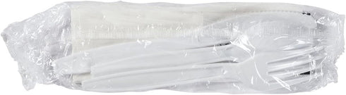 Set 6 1 Set (100) Disposable Individually Wrapped White Plastic Cutlery Kit - Heavy Duty Fork Spoon Knife Napkin Salt