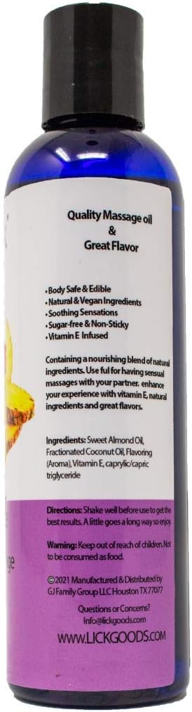 Lick Pineapple Flavored Massage Oil, Romantic Body Safe Non-Greasy Formula, 4 oz