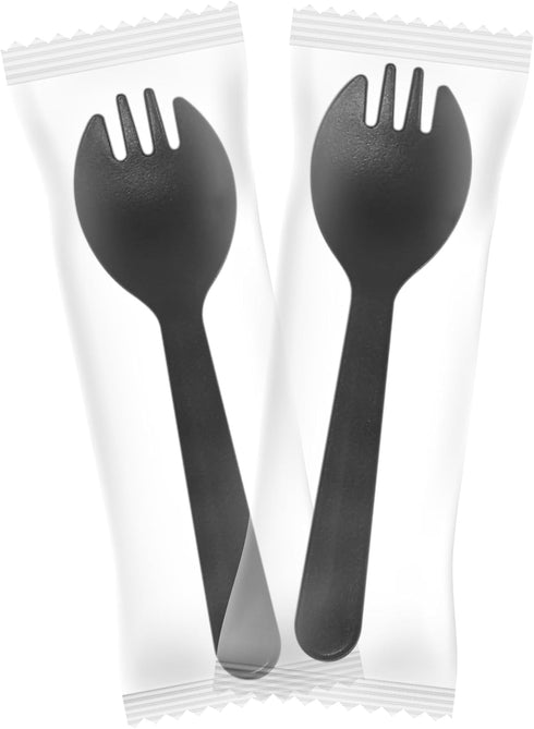 Mini Plastic Sporks Disposable, 100 Pcs Individually Wrapped Black Forks and Spoons 2 in 1 Party Supply
