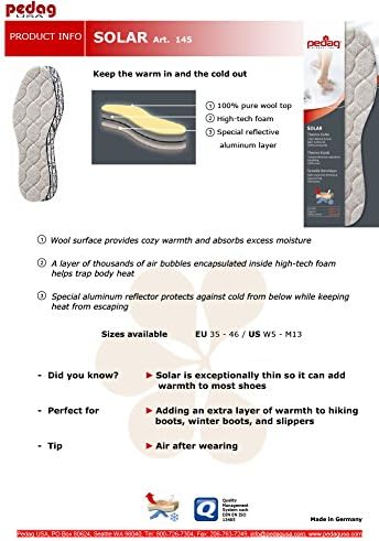 pedag Solar Insulating Insoles, Quilted Wool Top, Foam Insulating Layer, Thermic Reflective Aluminum Sole, Men US 14 /