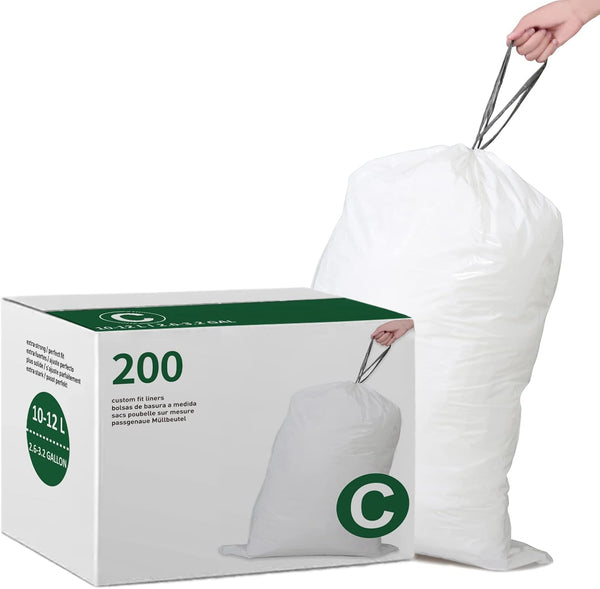 Code C (200 Count) Trash Bags - Custom Fit Drawstring, Compatible with simplehuman Code C, 1.2 Mil Heavy Duty Liners