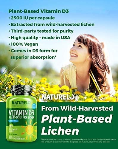 NATURELO Vitamin D3 - Lichen-Powered Immune Boost with 2500 IU for Bone Health, Vegan Gluten-Free, 180 Mini Capsules (2