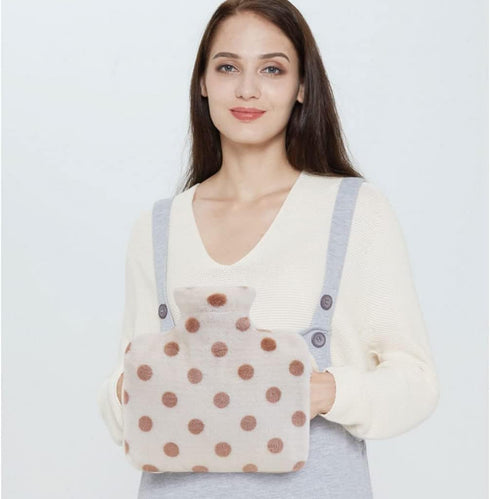 TIANYIA 1.2L Pack Reusable Large Hot Water Bottle, Classic PVC Hot Water Bag with Polka Dots Faux Fur Cover, Hot