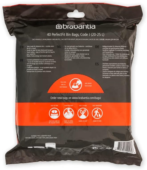 Brabantia PerfectFit Trash Bags, Size J, 5.3-6.6 Gal, Thick Plastic Liners with Drawstring (40 Bags)