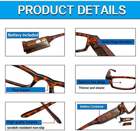 Reading Glasses with Light - Bright LED Readers, Lighted Magnifier, Compact Full Frame Eyewear (+250)