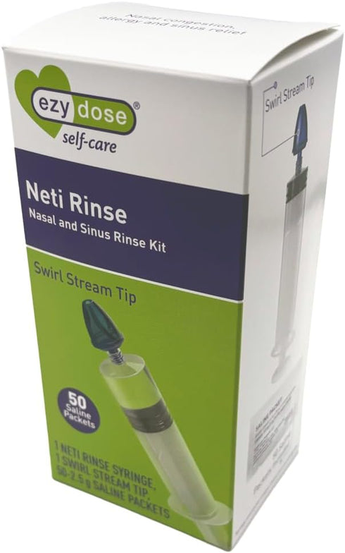 EZY DOSE Nose Rinse Kit for Home or Travel, Sinus and Allergy Relief Syringe, 50 Saline Packets, BPA Free