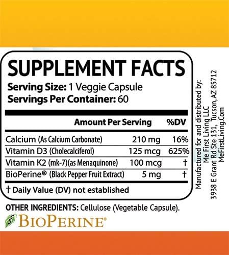 Me First Living Vitamin K2 (MK7) with D3 Supplement - 125 MCG Vitamin D3 & 100 MCG Vitamin K2 MK-7 for Bone & Heart