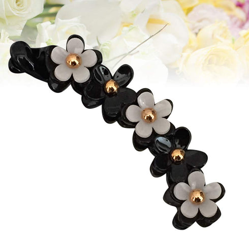 Lurrose Toothed Banana Hair Clips for Women Girls, Strong Tension Ponytail Holder, Black Flower Barrette