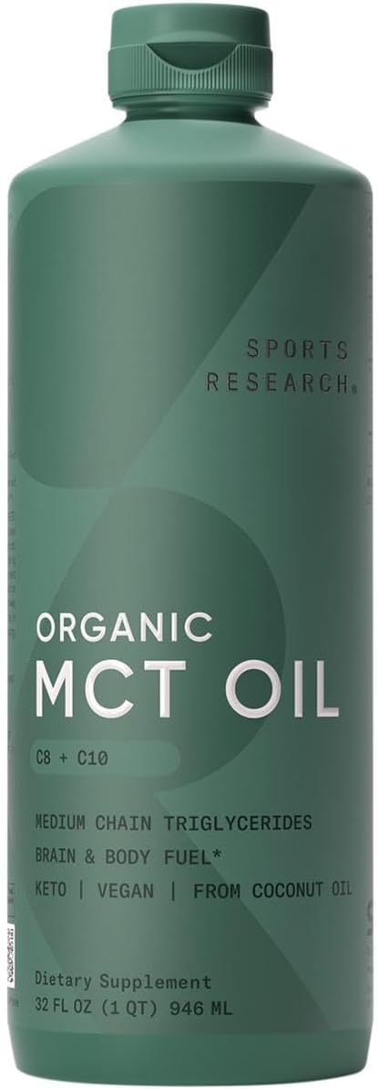 Sports Research Organic MCT Oil - Keto & Vegan C8, C10 from Coconuts, Flavorless Oil, 32 oz for Coffee & Shakes