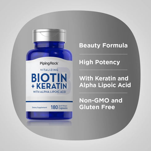Piping Rock Biotin 5000mcg, 180 Capsules, Plus Keratin and Alpha Lipoic Acid, Non-GMO, Gluten Free