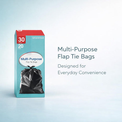 Rayverion 30 20 Count Gallon Large Flap Tie Trash Bags, Heavy Duty Draw Tie Garbage Bags, Leak Resistant Multipurpose