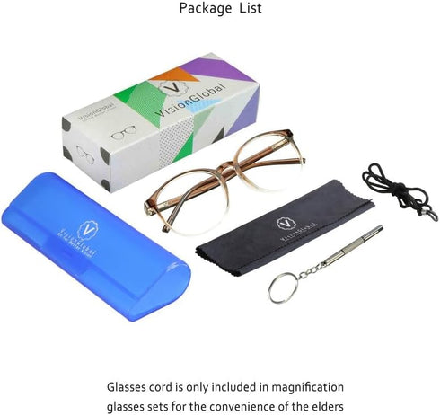 VisionGlobal Blue Light Blocking Glasses for Women/Men, Stylish Oval Frame, Anti Glare, Clear Brown, +1.00 Magnification
