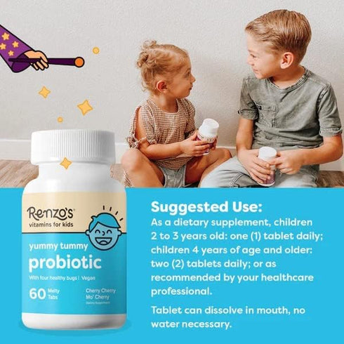 Renzo's Kids Probiotic, 60 Cherry-Flavored Melty Tabs - Dissolvable Probiotics for Digestive Health & Immune Support