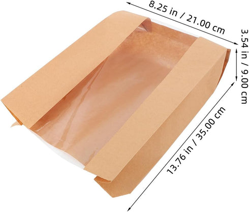 OFFIGAM 50pcs Packaging Kraft Paper Bakery Bread Bags with Window Large Size Greaseproof Food Storage Pouches