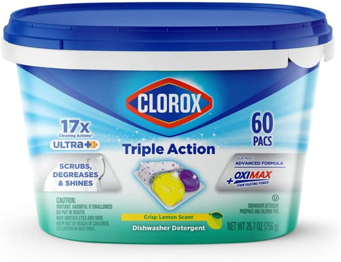 Clorox Triple Action Ultra Dishwasher Detergent Pacs, 60 Count, Lemon Scent
