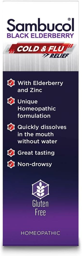Sambucol Cold and Flu Relief Tablets - Homeopathic Cold Medicine for Adults, Black Elderberry, Zinc Cold Remedy