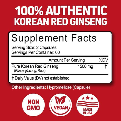 Herbtonics Korean Red Panax Ginseng 1500mg - Energy Supplement for Focus & Vitality - 120 Vegan Capsules