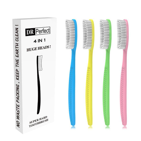 DR PEFECT Extra Hard & Firm Toothbrush Pack of 4, Large Long Head Whitening Teeth