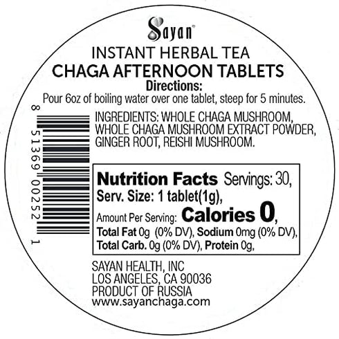 Sayan Siberian Afternoon Instant Chaga Mushroom Tea with Reishi & Ginger Root - 30 Pcs