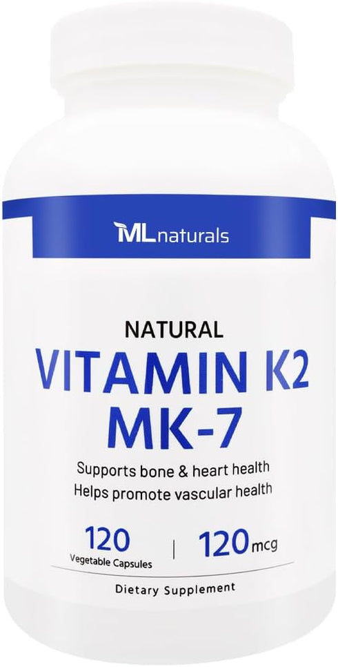 Natural Vitamin K2 MK-7 120 mcg, 120 Vegetable Capsules, Supports Bone & Heart Health, Promotes Vascular Health