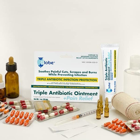 Globe Triple Antibiotic + Pain Relief Dual Action Ointment, 1 Oz | 24 Hour Pain and Infection Protection (12 Pack)