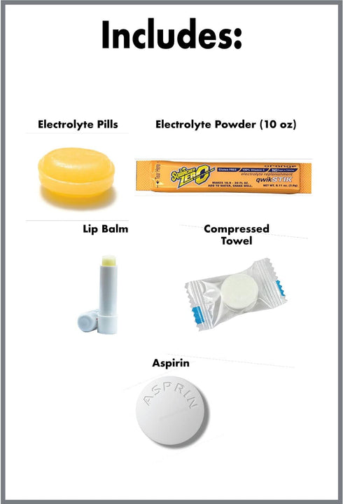 Hydro Pack Portable Electrolyte Replacement Kit with Electrolyte Powder, Pills, Towel, Lip Balm & Aspirin
