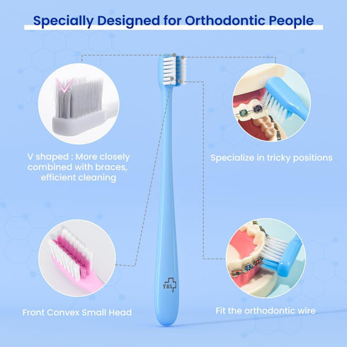 Y-Kelin V-Shaped Orthodontic Toothbrush for Braces, Soft Bristle with Inter Dental Brush, 4 Count