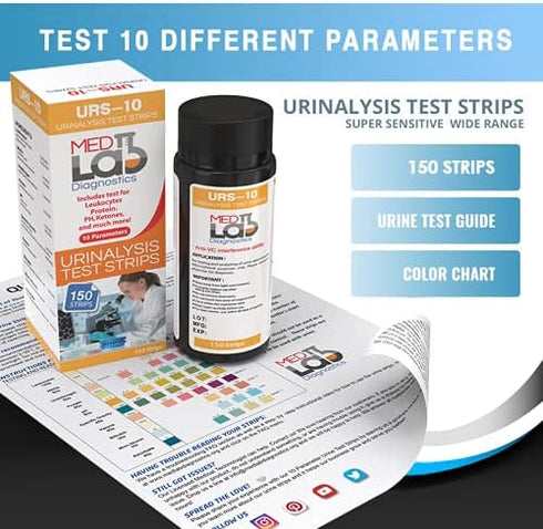 10 Parameter Urine Test Strips for Urinalysis (150 Count) in Sealed Pouches, Tests for Ketosis, pH, Protein & More