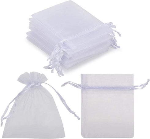HRX Package 100pcs White Organza Jewelry Bags, Drawstring 3 x 4 inch Mini Candy Pouches for Small Presents, Jewelry