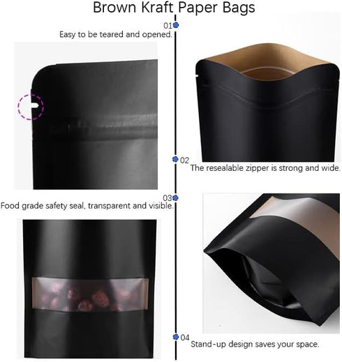 50pcs Black Kraft Paper Stand Up Pouches, 7x10inch Ziplock Food Storage Bags with Matte Window